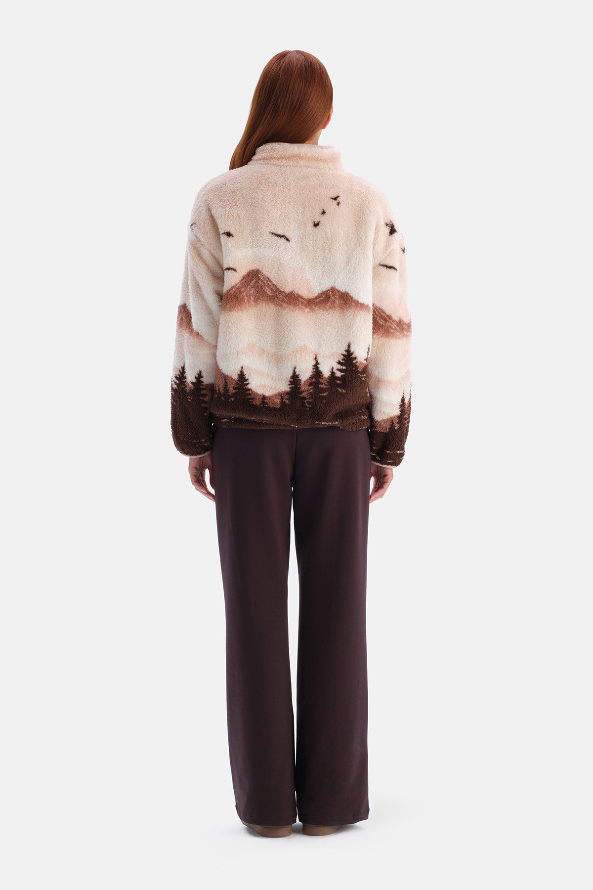 Multicolor Kadın Yarım Fermuarlı Manzara Desenli Sweatshirt