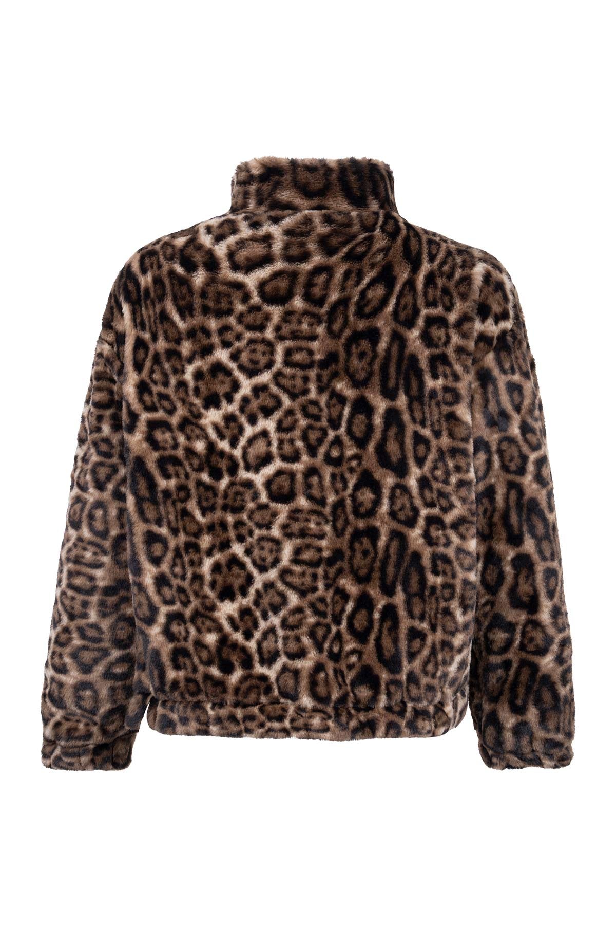 Kahverengi Leopar Desenli Peluş Mont