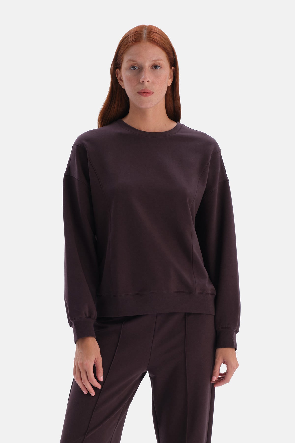 Kahverengi Bisiklet Yaka Cropped Sweatshirt