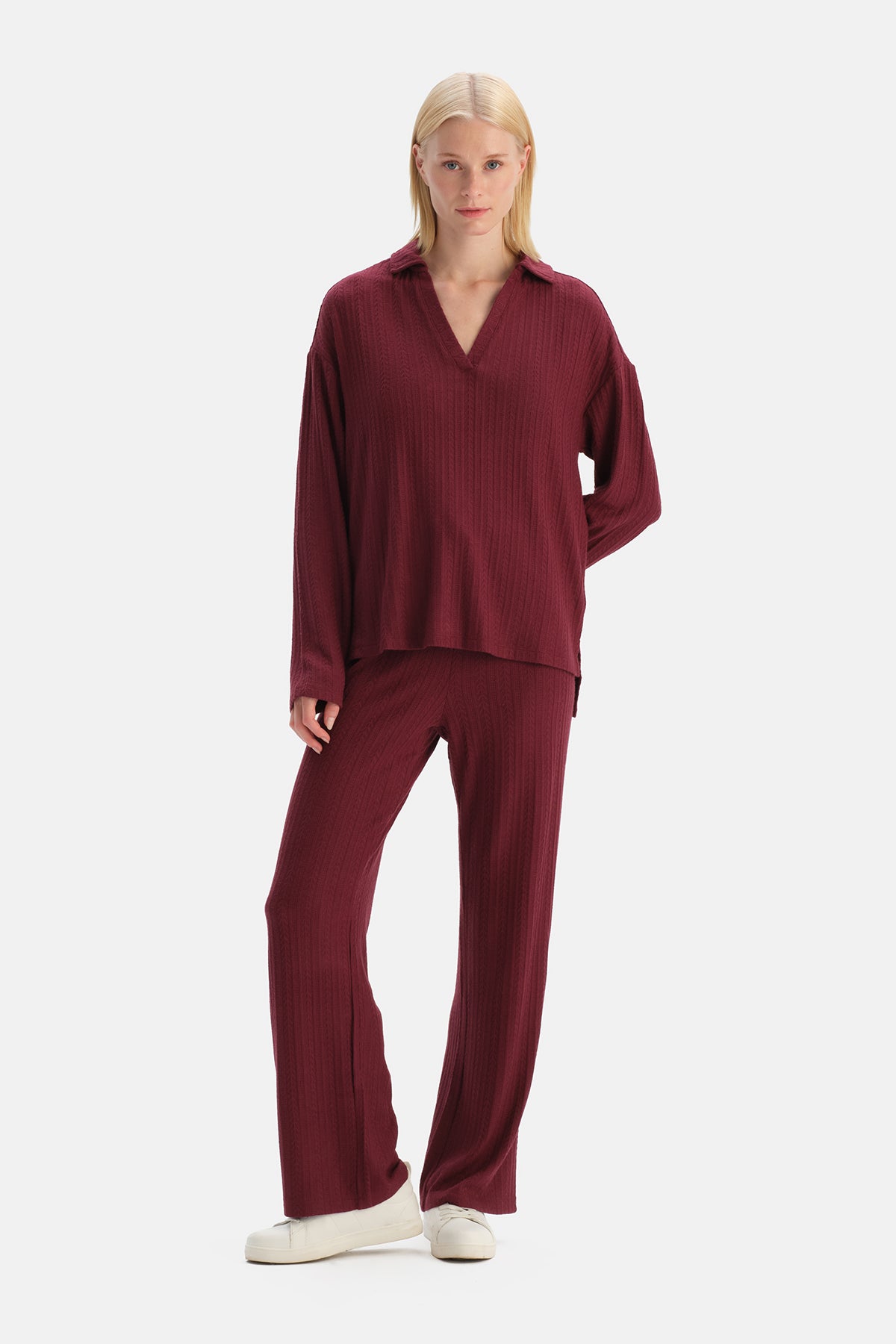 Bordo Örgü Detaylı Pantolon