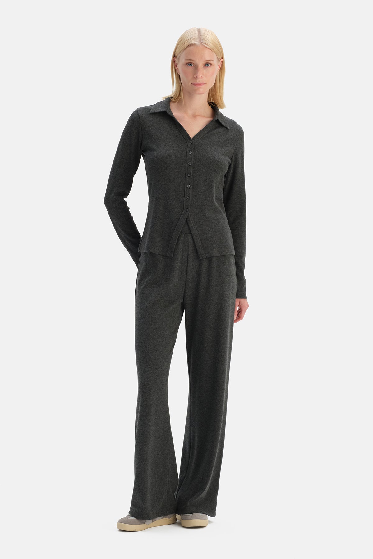 Gri Melanj Basic Rib Pantolon