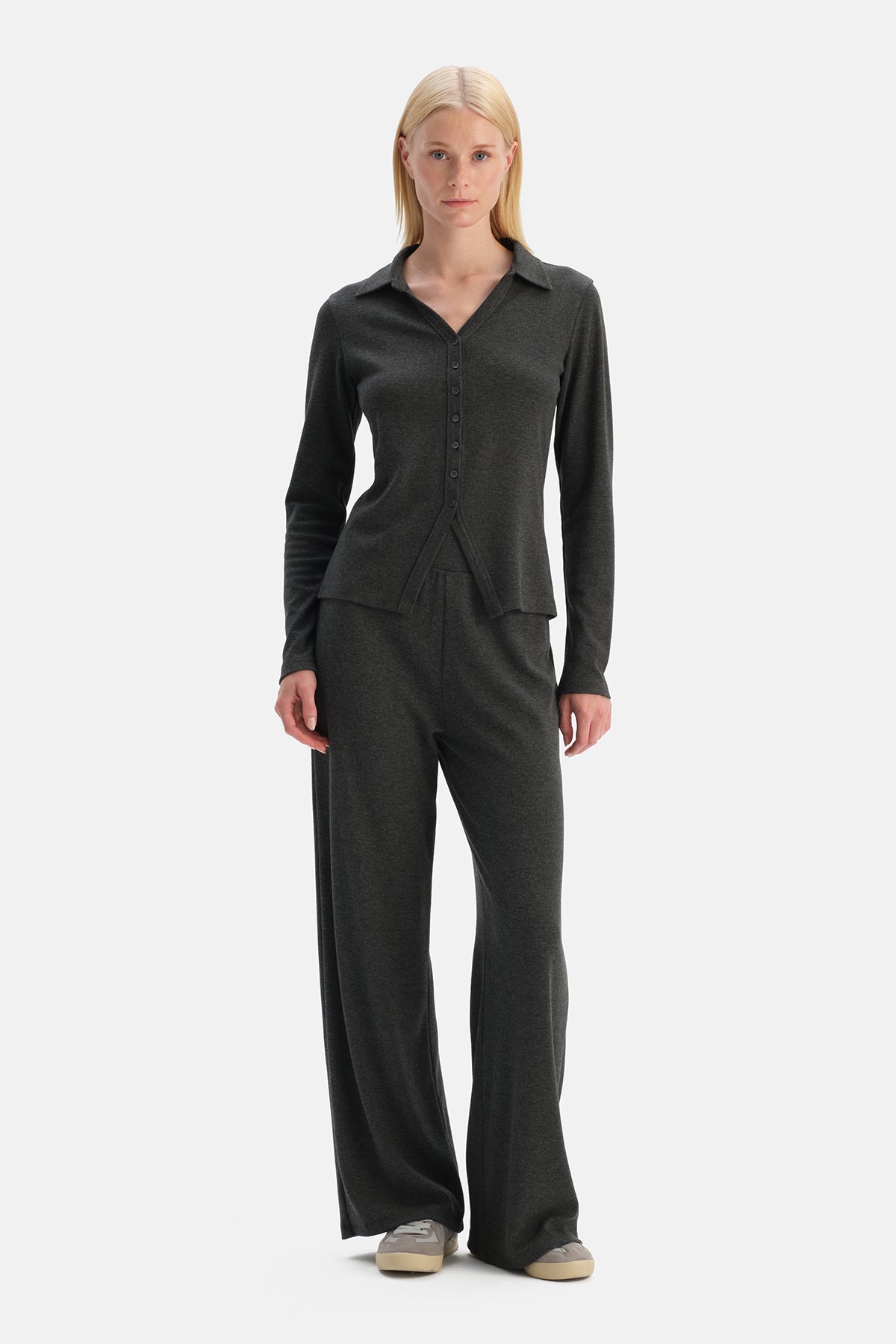 Gri Melanj Basic Rib Pantolon