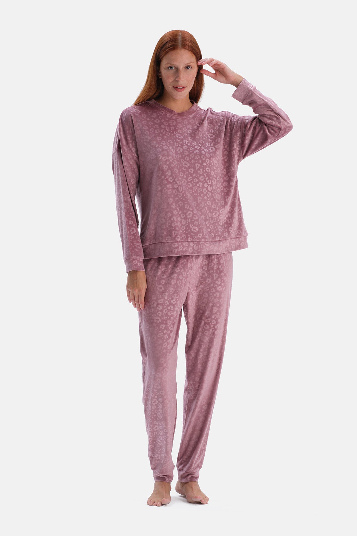 Gül Kurusu Leopar Gofre Baskılı Tişört Pantolon Takım