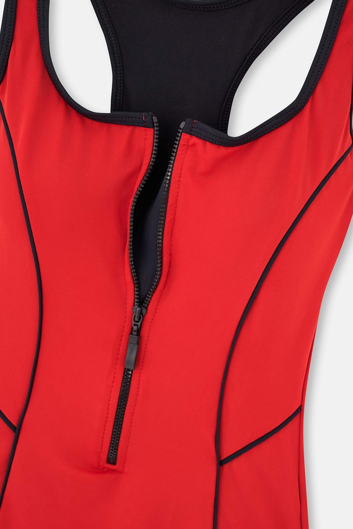 Kırmızı Fermuarlı Çizgi Detay Kalın Askı Yüzücü Mayo