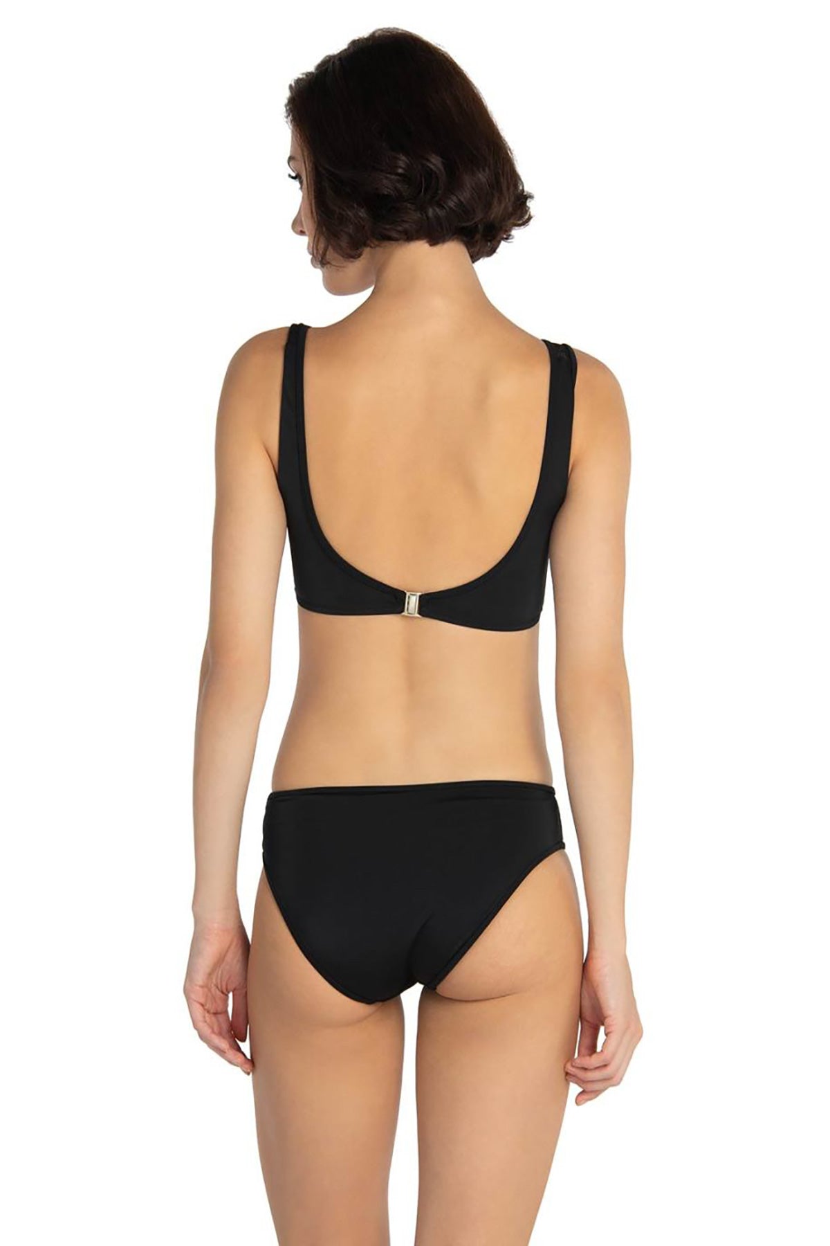 Siyah Fermuarlı Desenli Askı Luplu Mayo