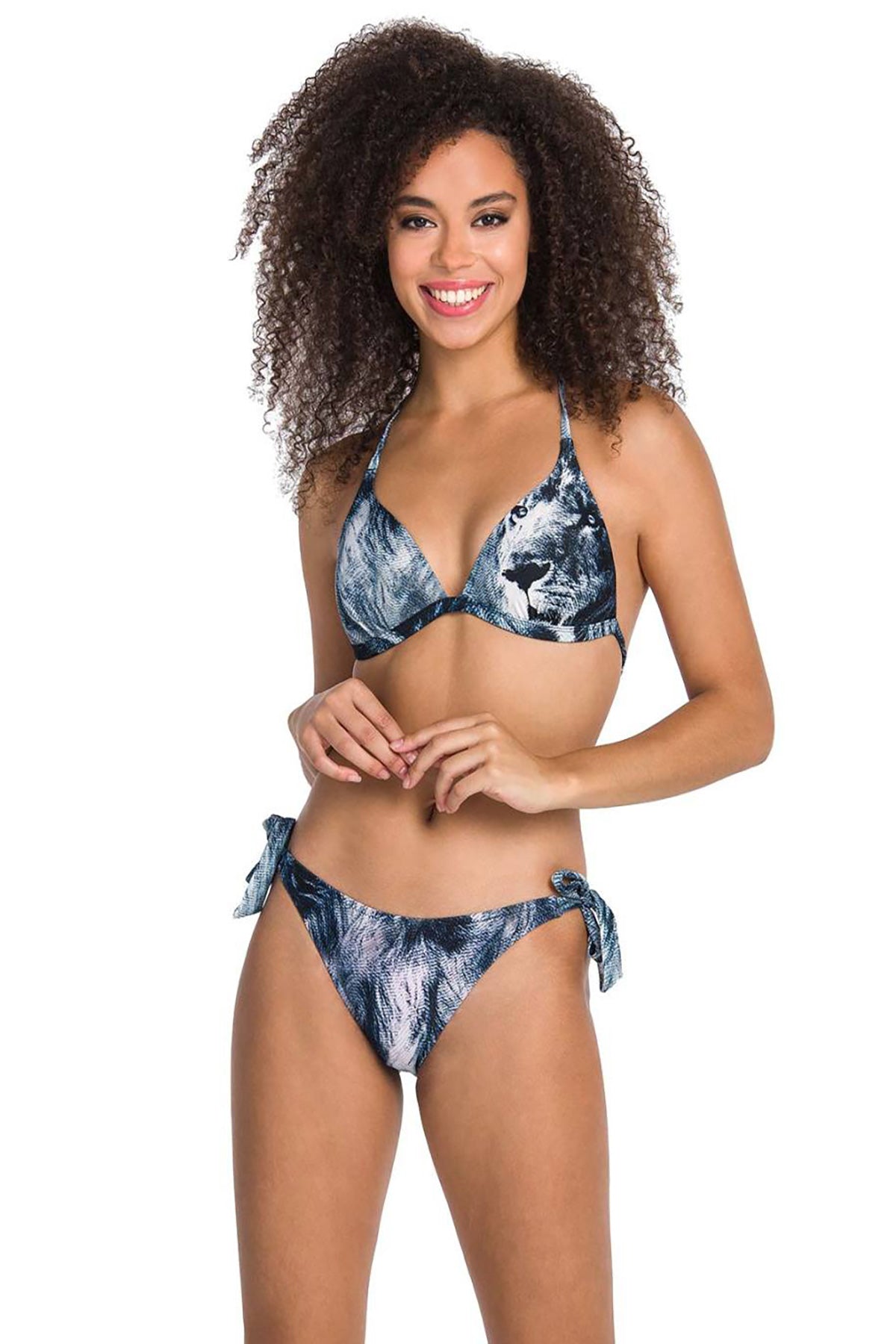 Lacivert Boyun Bağlı Baskılı Kaplı Üçgen Bikini Takımı