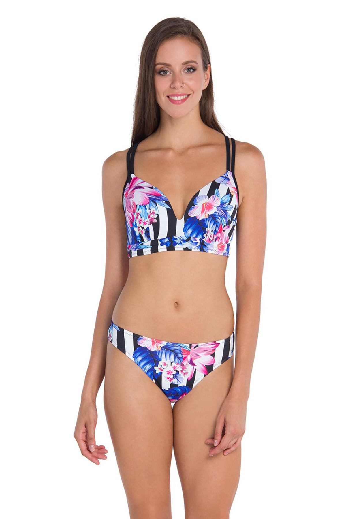 Pembe Çizgili Çiçek Desenli Kaplı Bikini Takımı