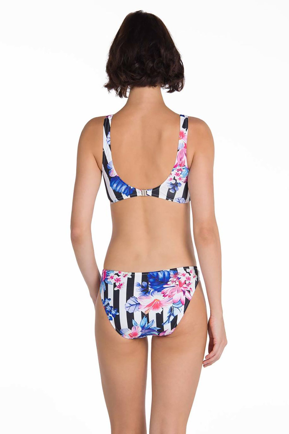 Pembe Çizgili Çiçek Desenli Bağ Detaylı Bikini Takımı