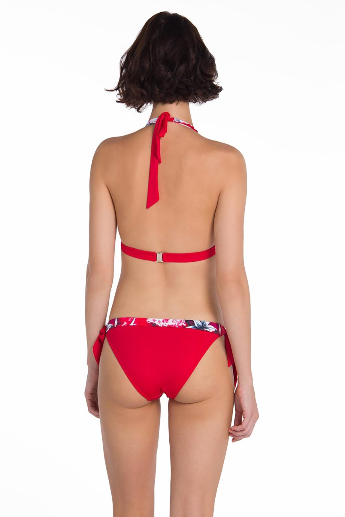 Kırmızı Boyun Bağlı Desenli Üst Üçgen Bikini Takımı