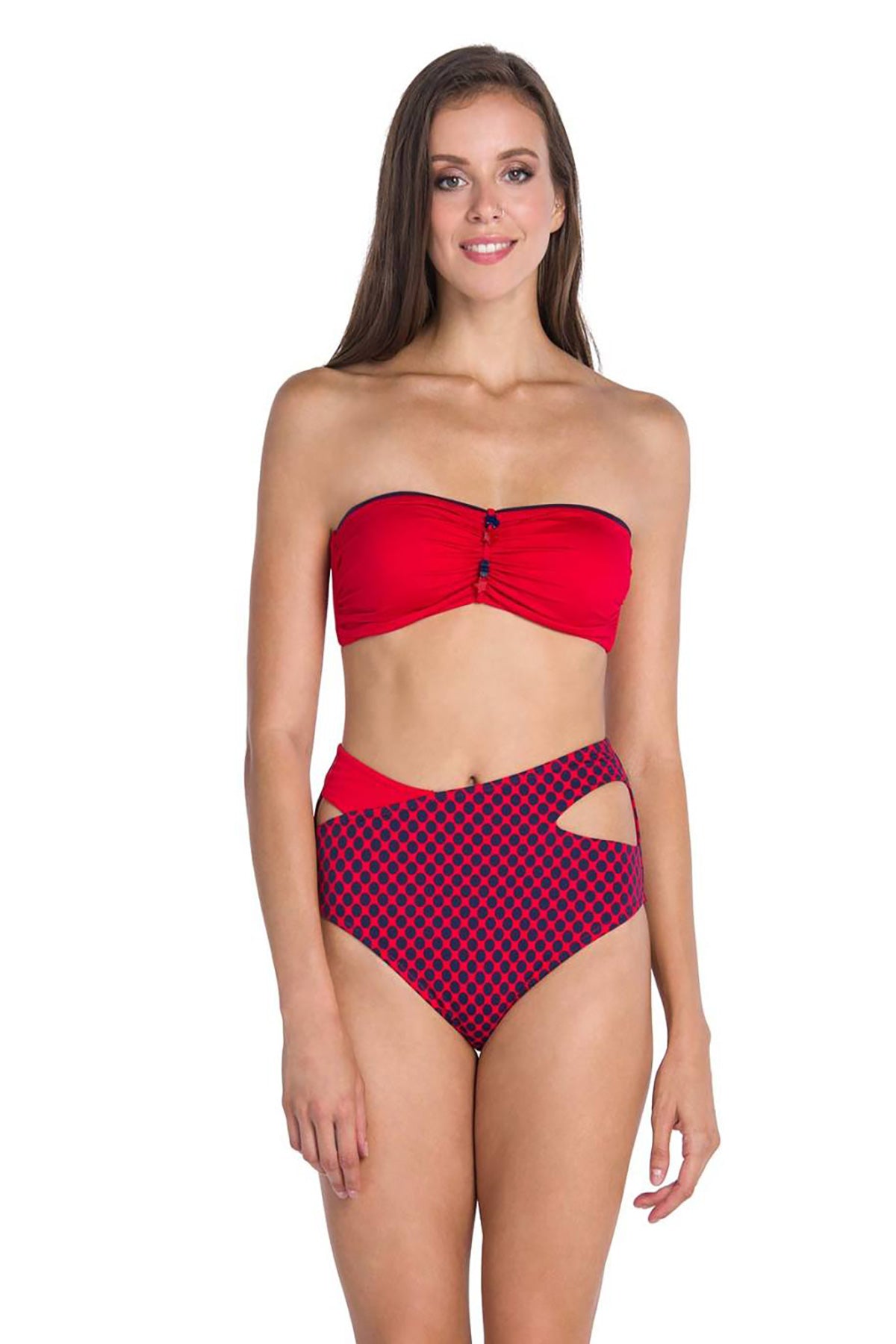 Kırmızı Altı Parçalı Puantiyeli Straplez Bikini Takımı