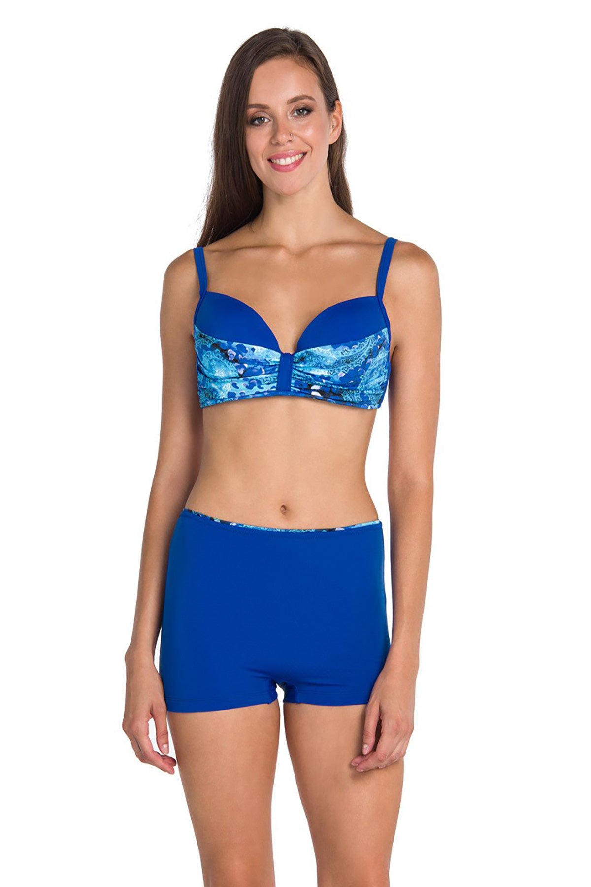 Saks Kaplı Parçalı Üst Şortlu Bikini Takımı