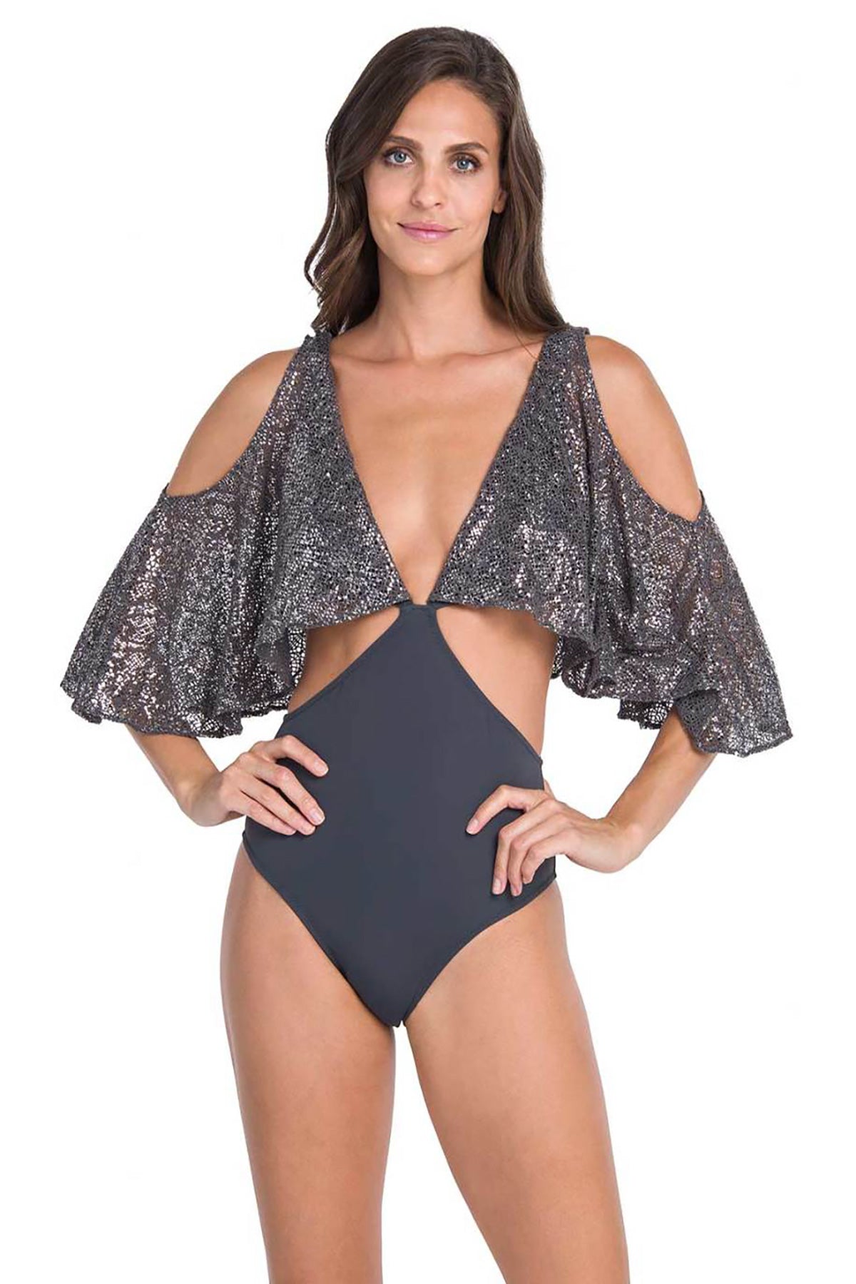 Gri Omuz Dekolteli Geniş V Yaka Mayo