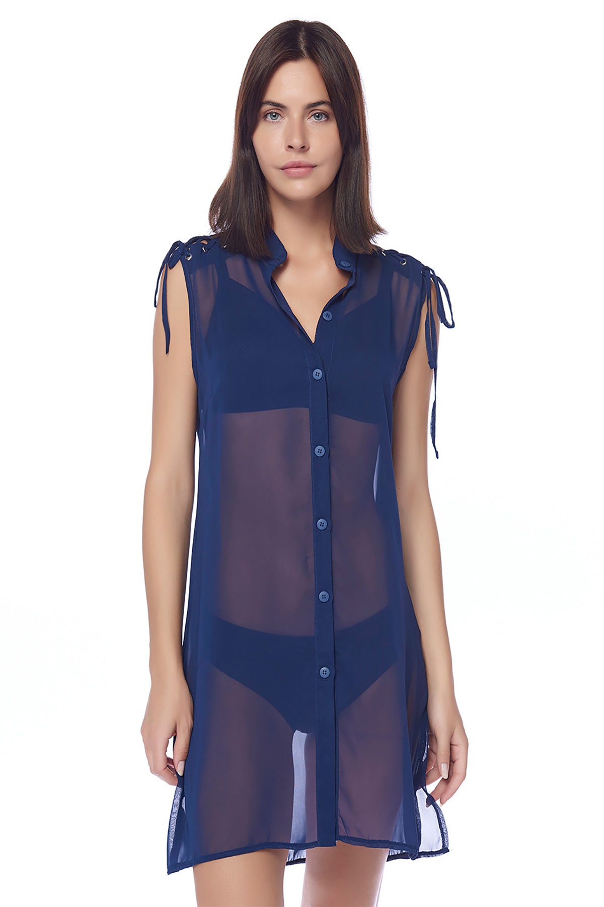 Lacivert Omuz Ipli Yarım Kollu Tunik Pareo