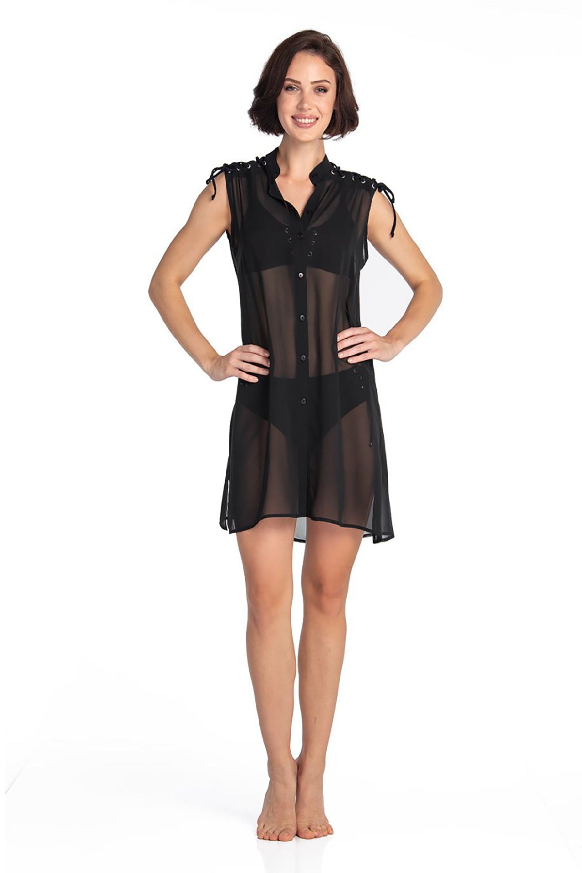 Siyah Omuz Ipli Yarım Kollu Tunik Pareo