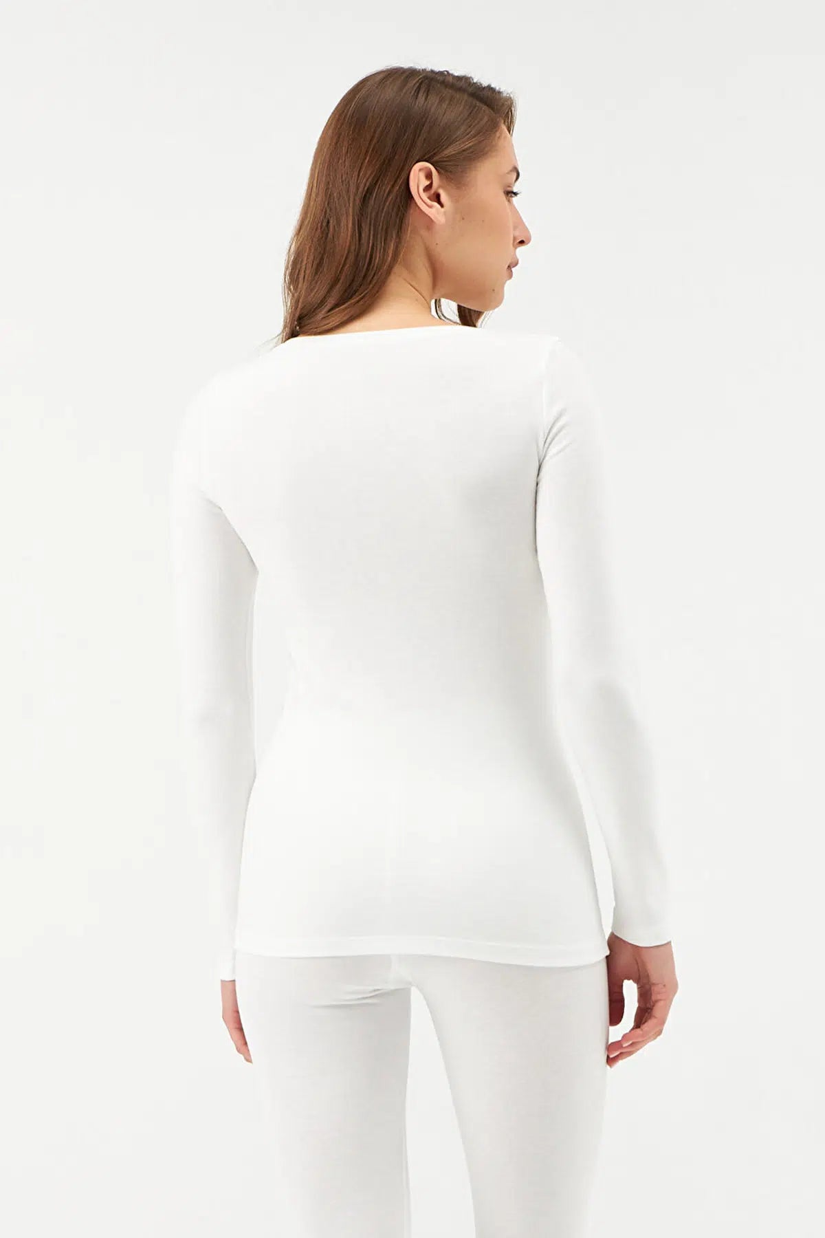 Ekru Yuvarlak Yaka Uzun Kol Kadın Termal Içlik Tek Üst