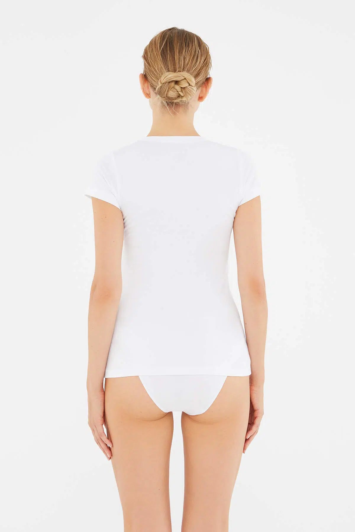 Beyaz V Yaka Penye Kısa Kollu Kadın T-Shırt