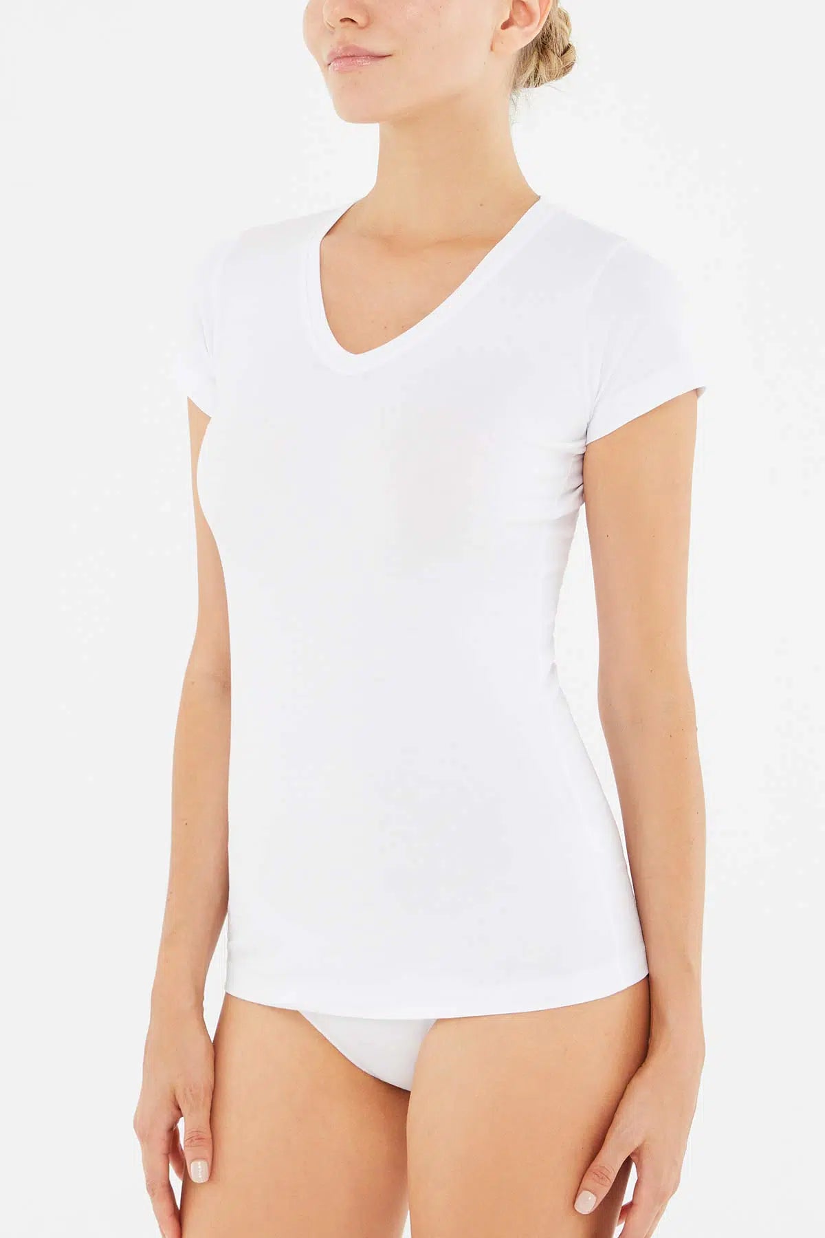 Beyaz V Yaka Penye Kısa Kollu Kadın T-Shırt