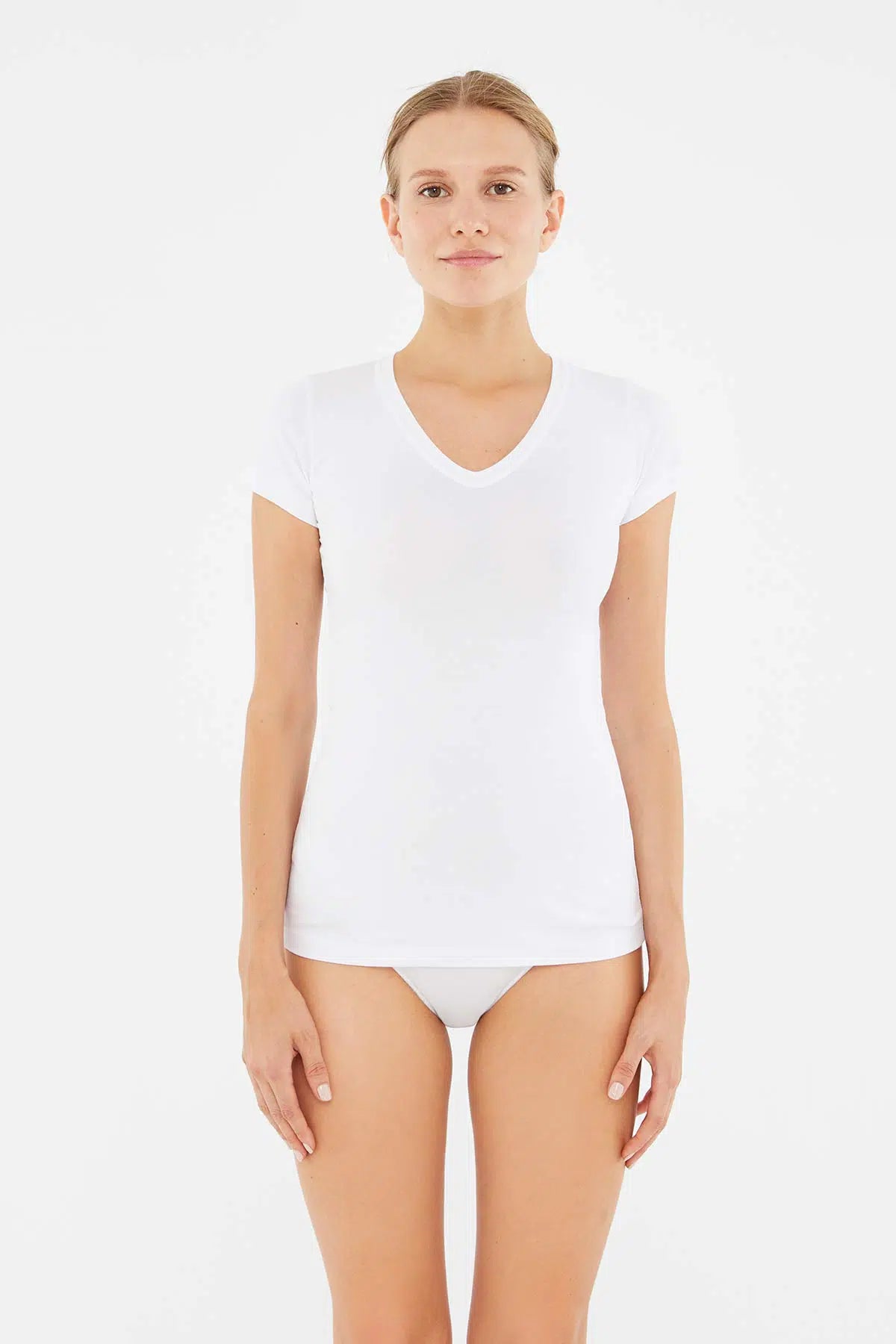 Beyaz V Yaka Penye Kısa Kollu Kadın T-Shırt