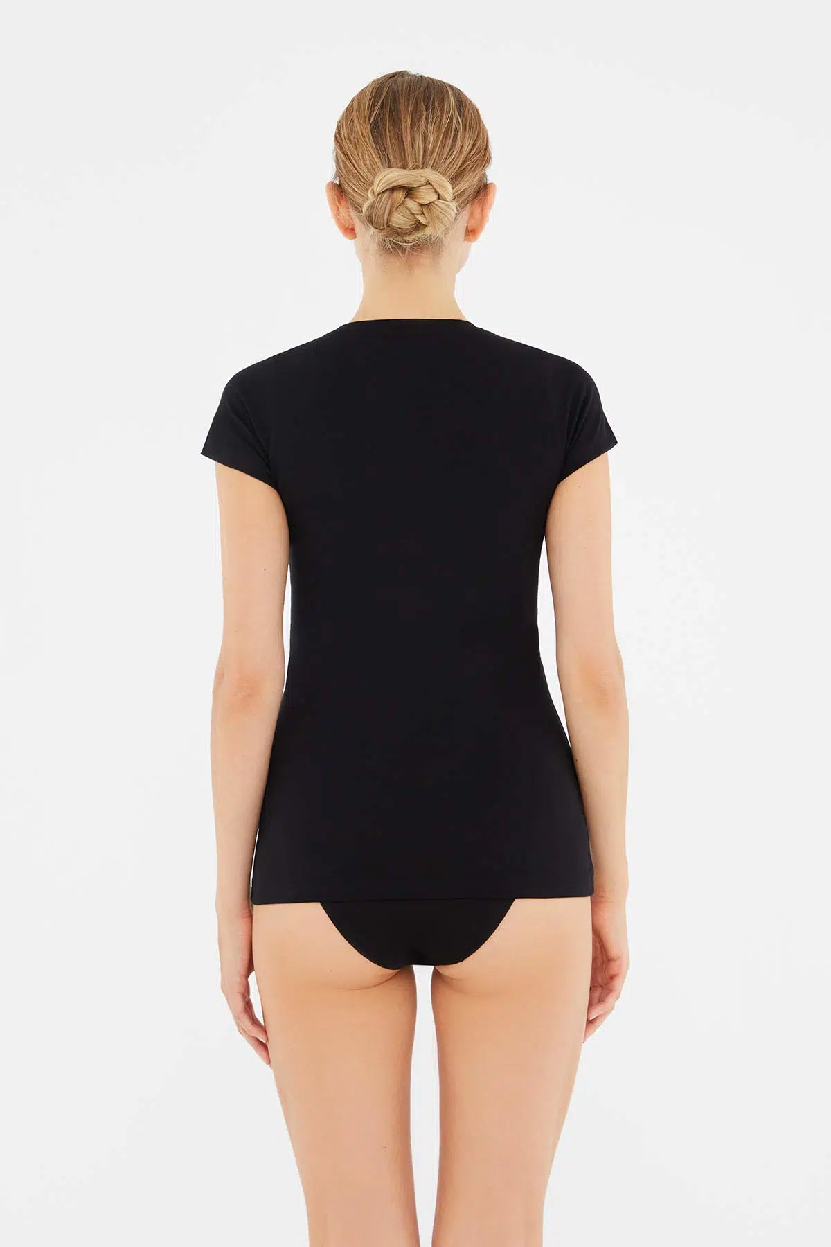 Siyah V Yaka Penye Kısa Kollu Kadın T-Shırt