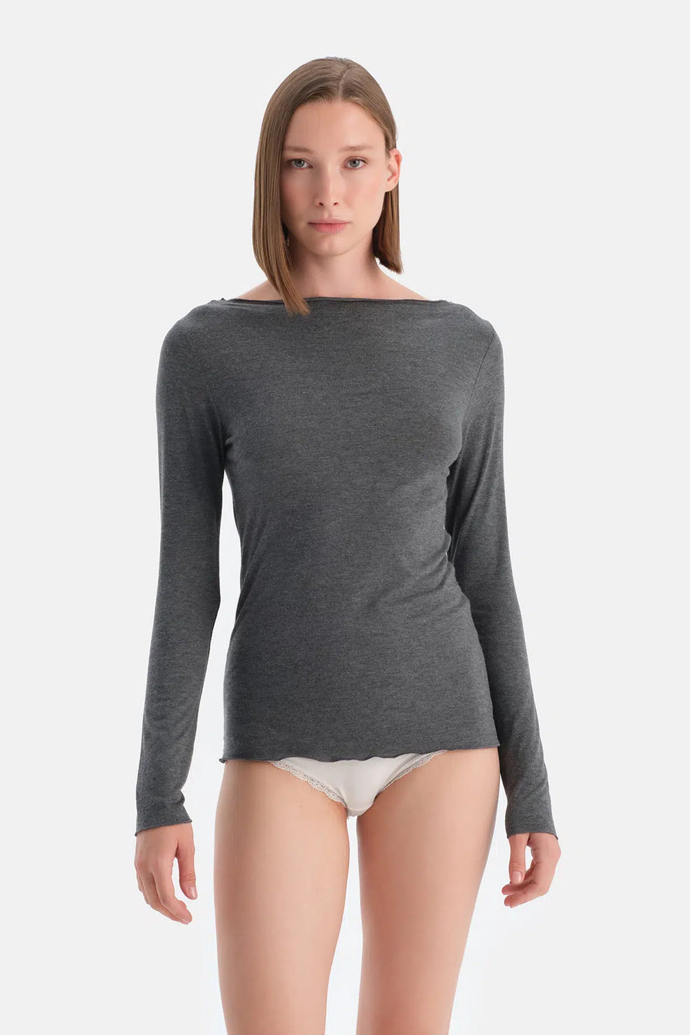 Antrasit Melanj Modal Kaşmir Kayık Yaka Uzun Kollu Üst