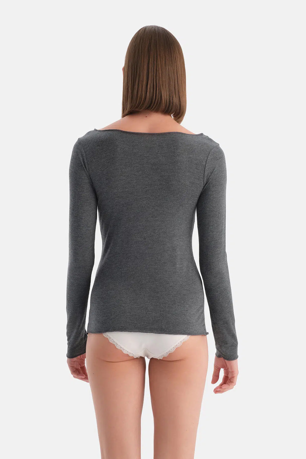 Antrasit Melanj Modal Kaşmir Kayık Yaka Uzun Kollu Üst