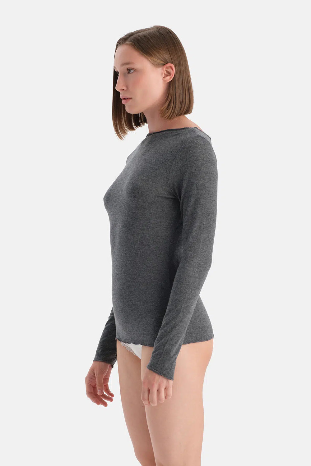 Antrasit Melanj Modal Kaşmir Kayık Yaka Uzun Kollu Üst