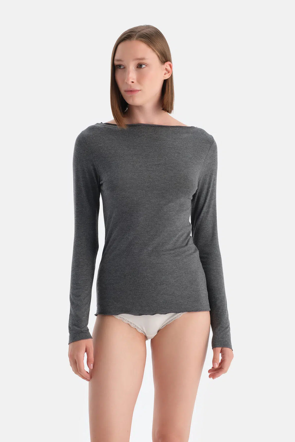 Antrasit Melanj Modal Kaşmir Kayık Yaka Uzun Kollu Üst