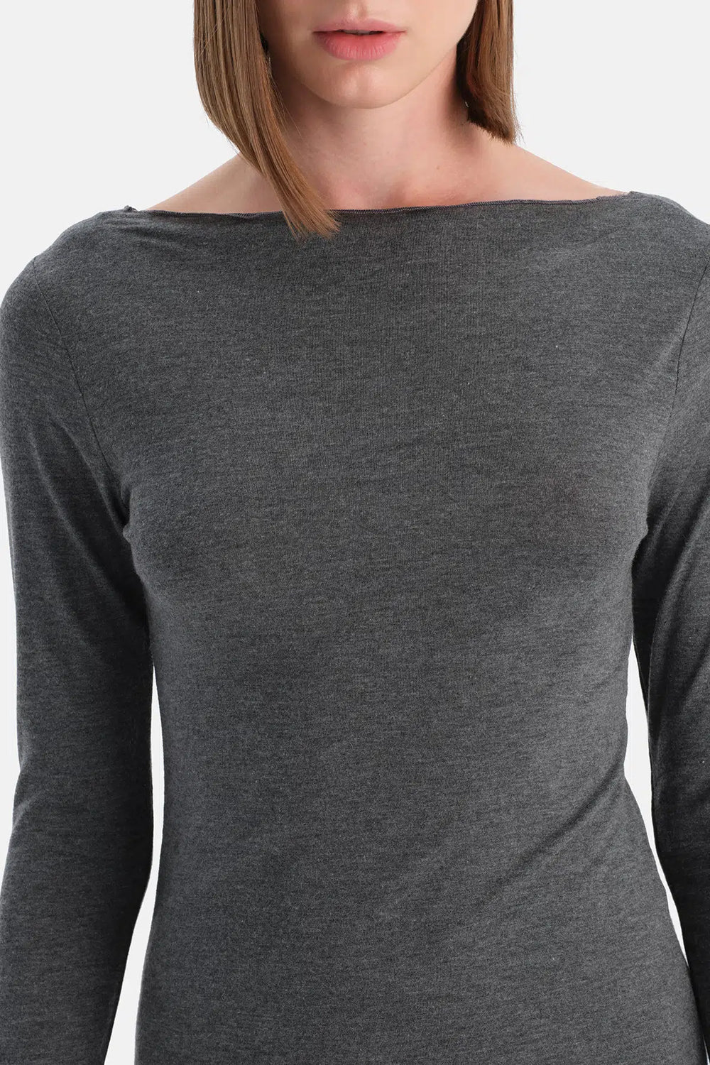 Antrasit Melanj Modal Kaşmir Kayık Yaka Uzun Kollu Üst