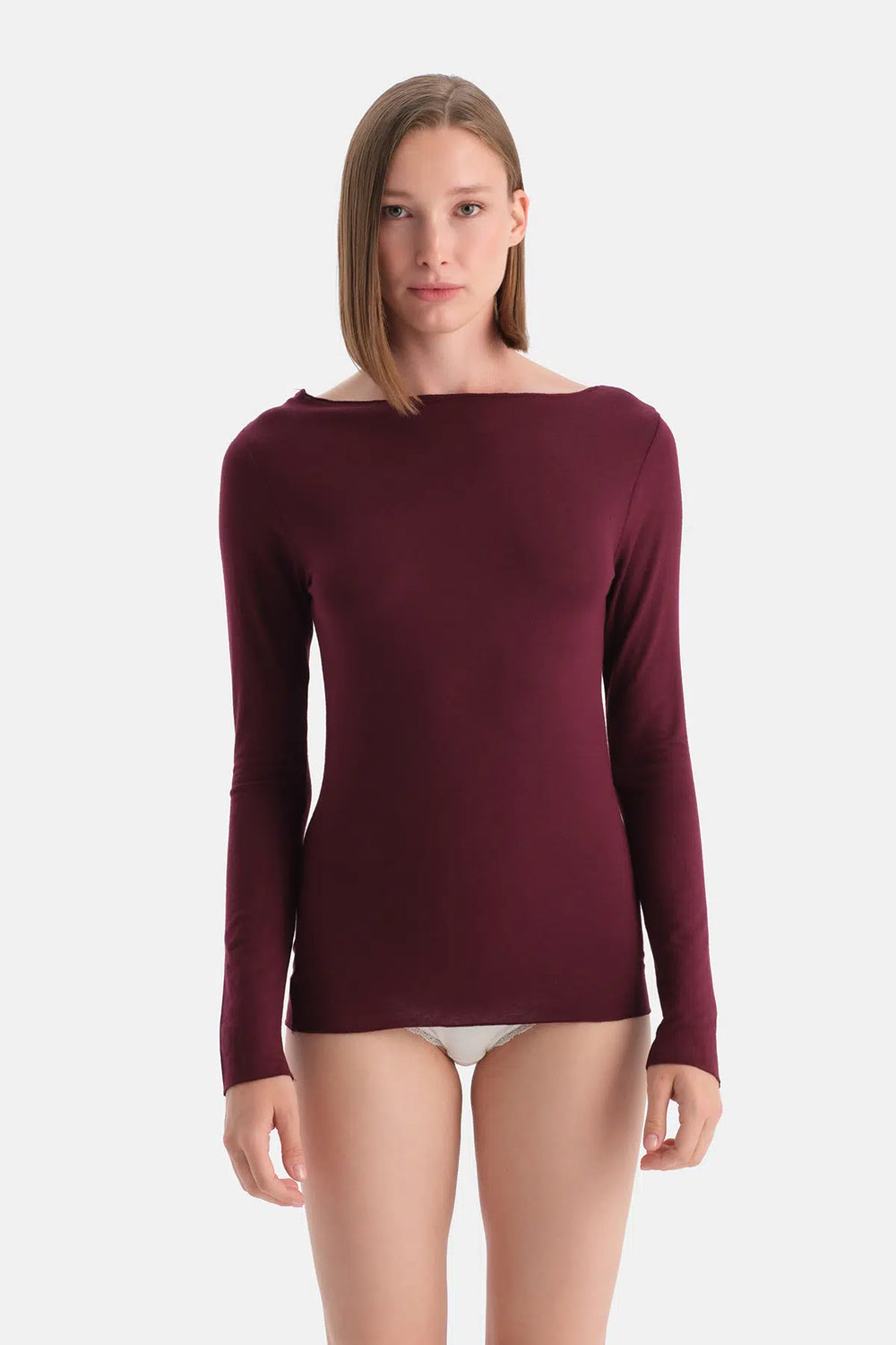 Bordo Modal Kaşmir Kayık Yaka Uzun Kollu Üst