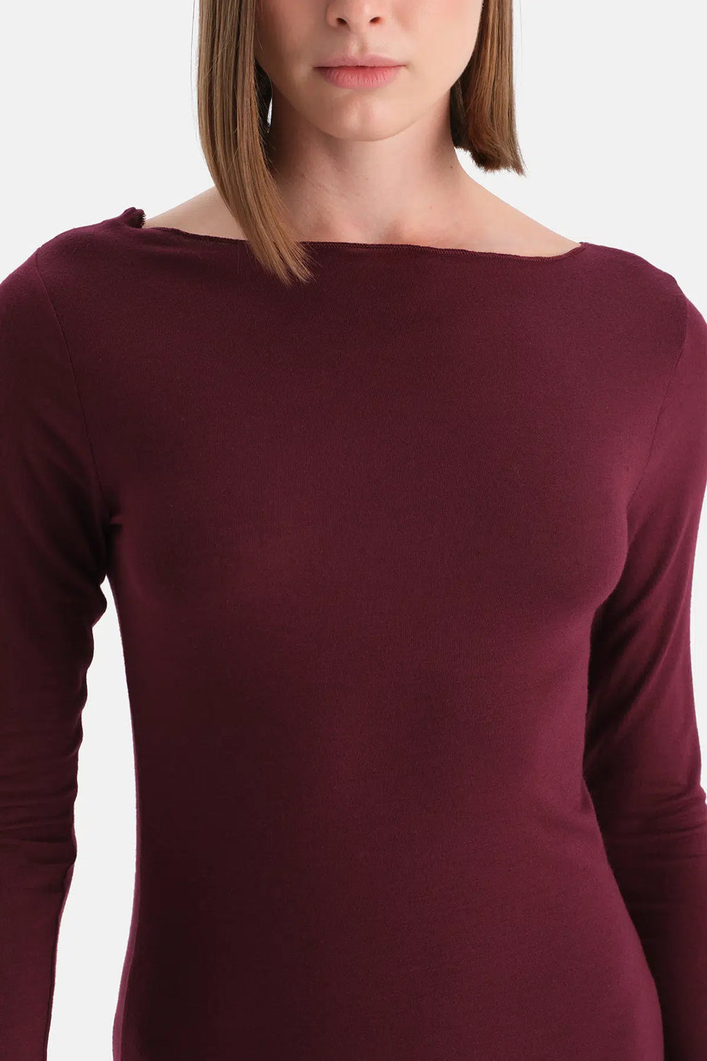 Bordo Modal Kaşmir Kayık Yaka Uzun Kollu Üst