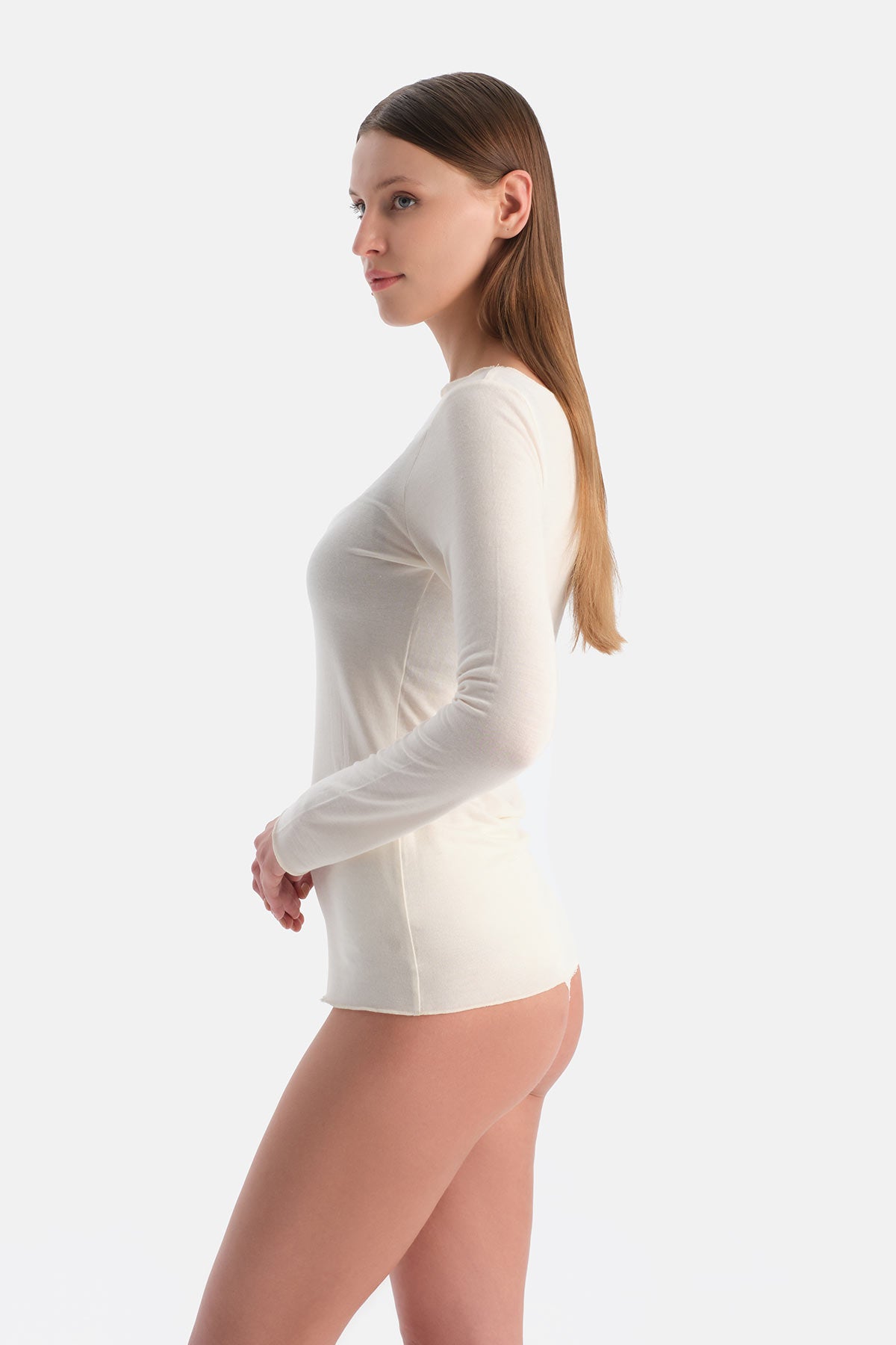 Ekru Modal Kaşmir Kayık Yaka Uzun Kollu Üst