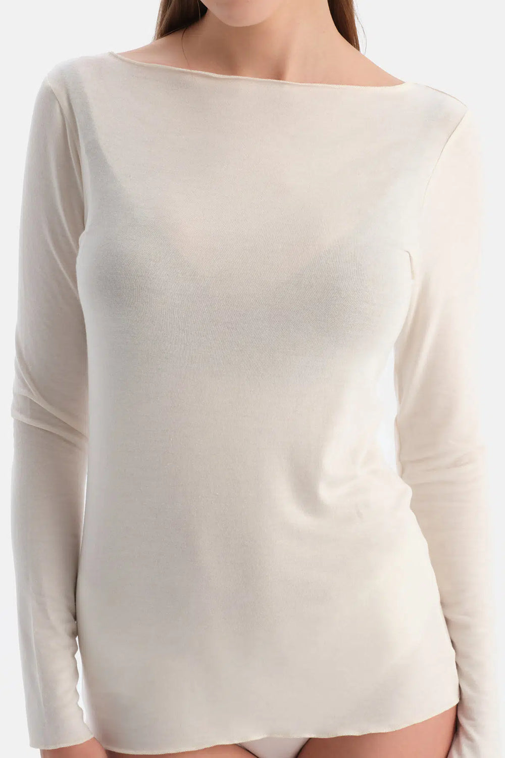 Ekru Modal Kaşmir Kayık Yaka Uzun Kollu Üst