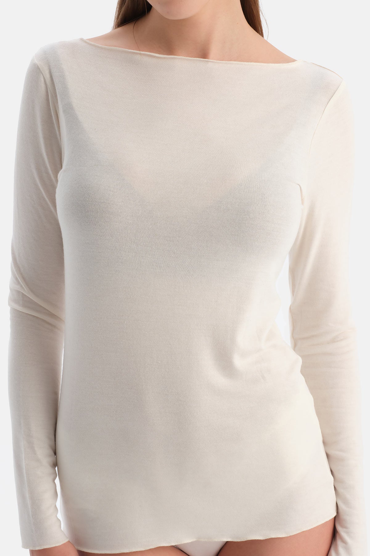 Ekru Modal Kaşmir Kayık Yaka Uzun Kollu Üst