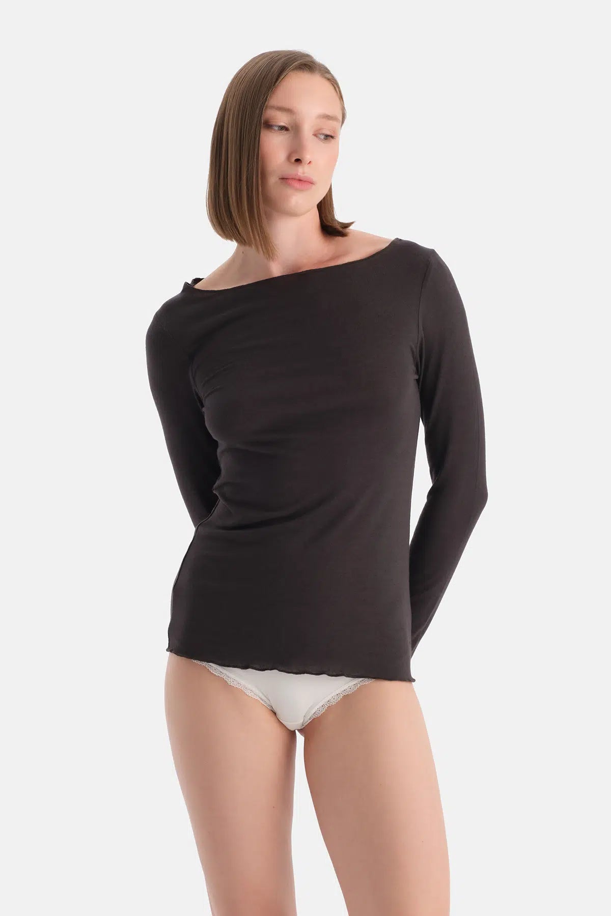 Koyu Kahve Modal Kaşmir Kayık Yaka Uzun Kollu Üst