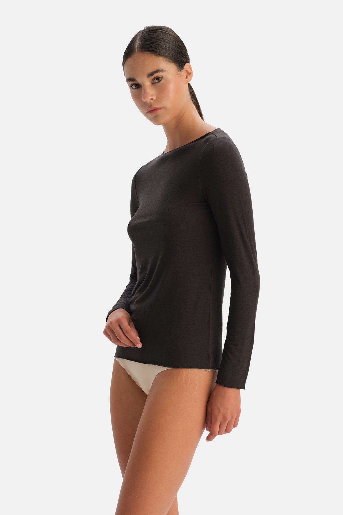 Koyu Kahve Modal Kaşmir Kayık Yaka Uzun Kollu Üst