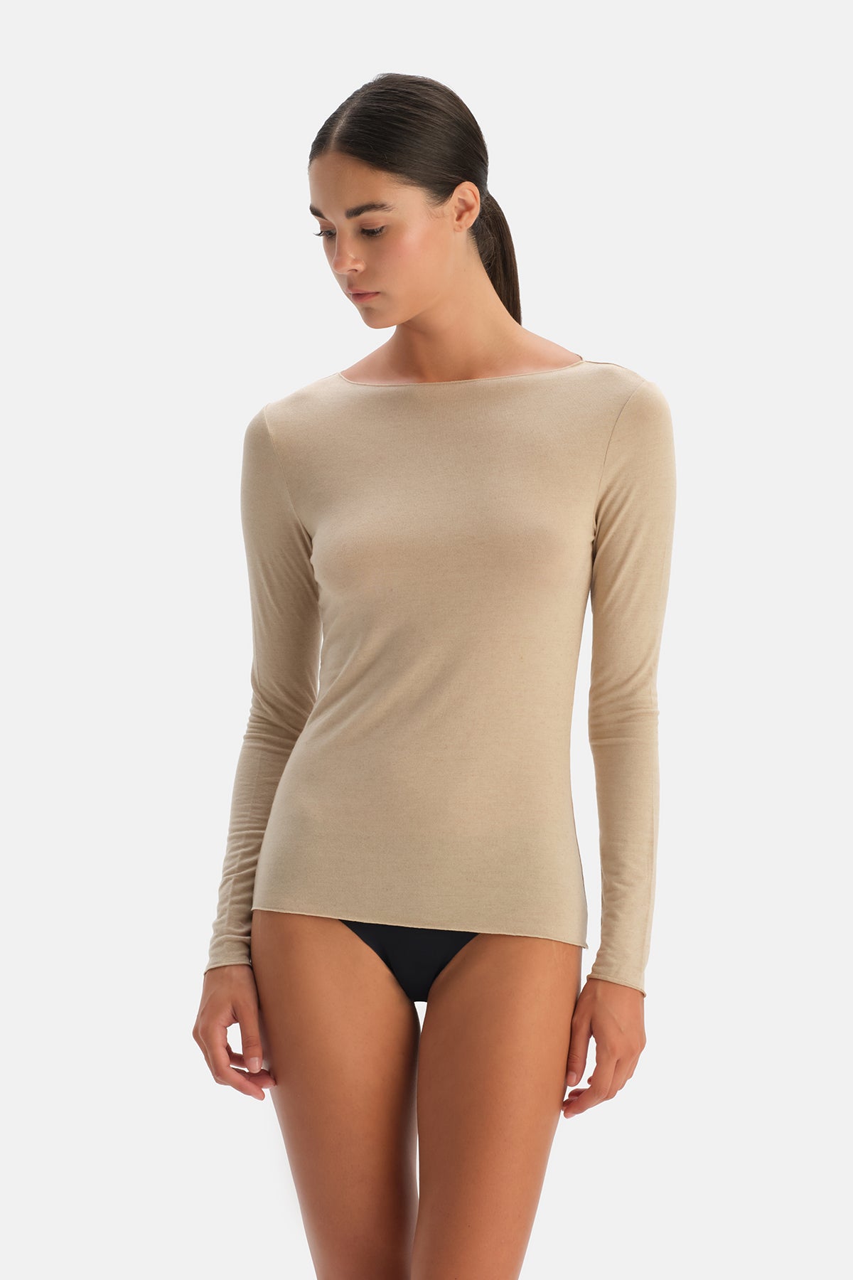 Sütlü Kahve Modal Kaşmir Kayık Yaka Uzun Kollu Üst
