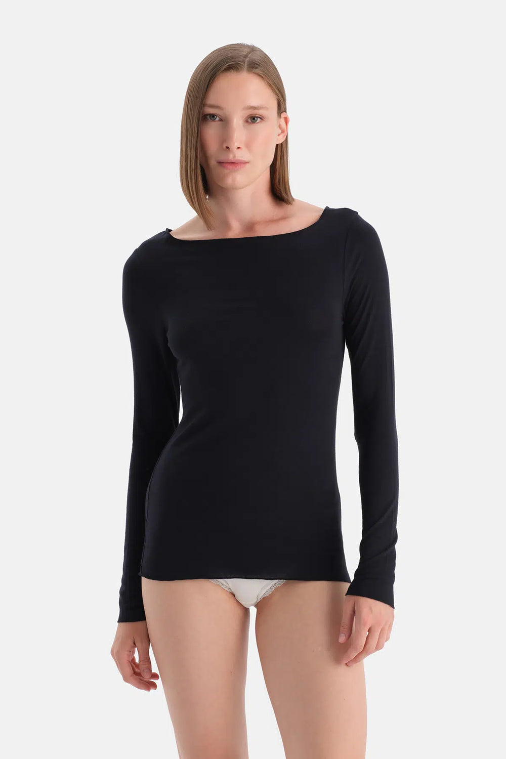 Siyah Modal Kaşmir Kayık Yaka Uzun Kollu Üst