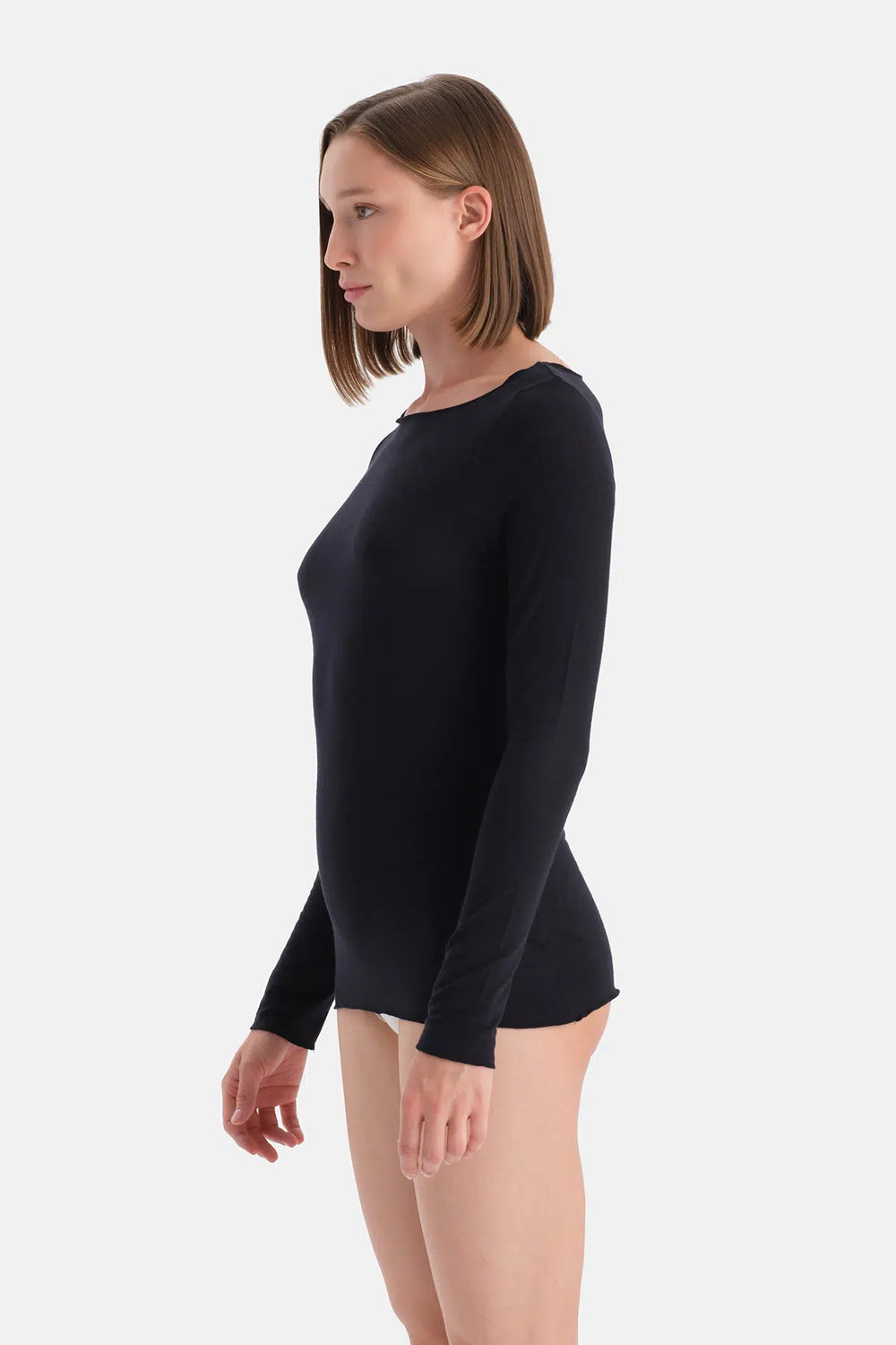 Siyah Modal Kaşmir Kayık Yaka Uzun Kollu Üst