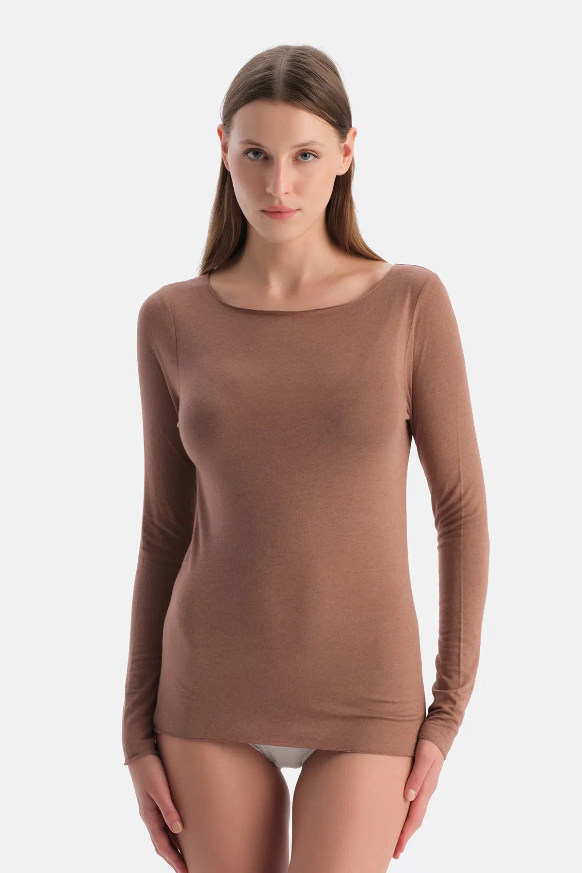 Mocha Modal Kaşmir Kayık Yaka Uzun Kollu Üst