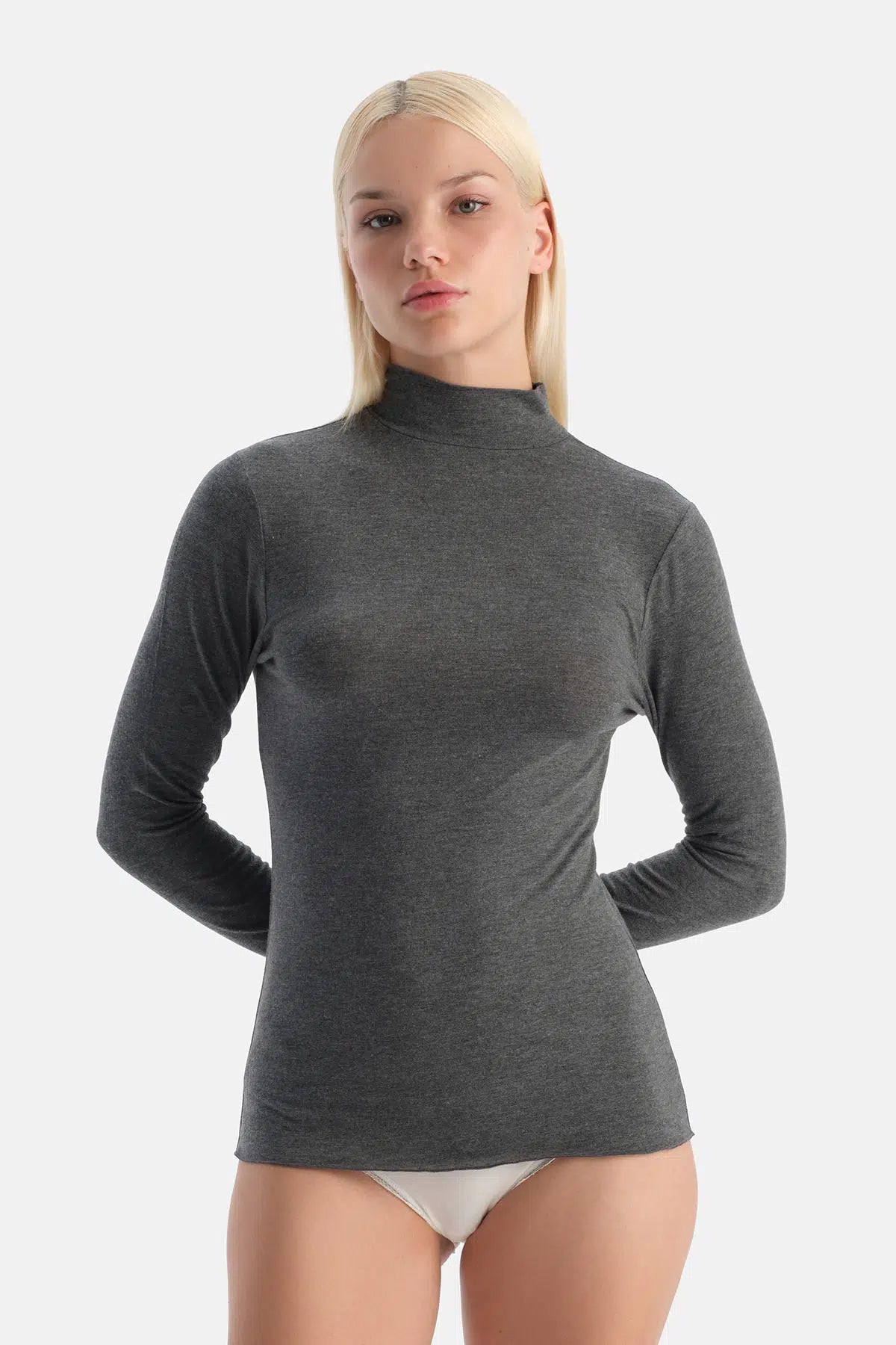 Antrasit Melanj Modal Kaşmir Balıkçı Yaka Uzun Kollu Üst