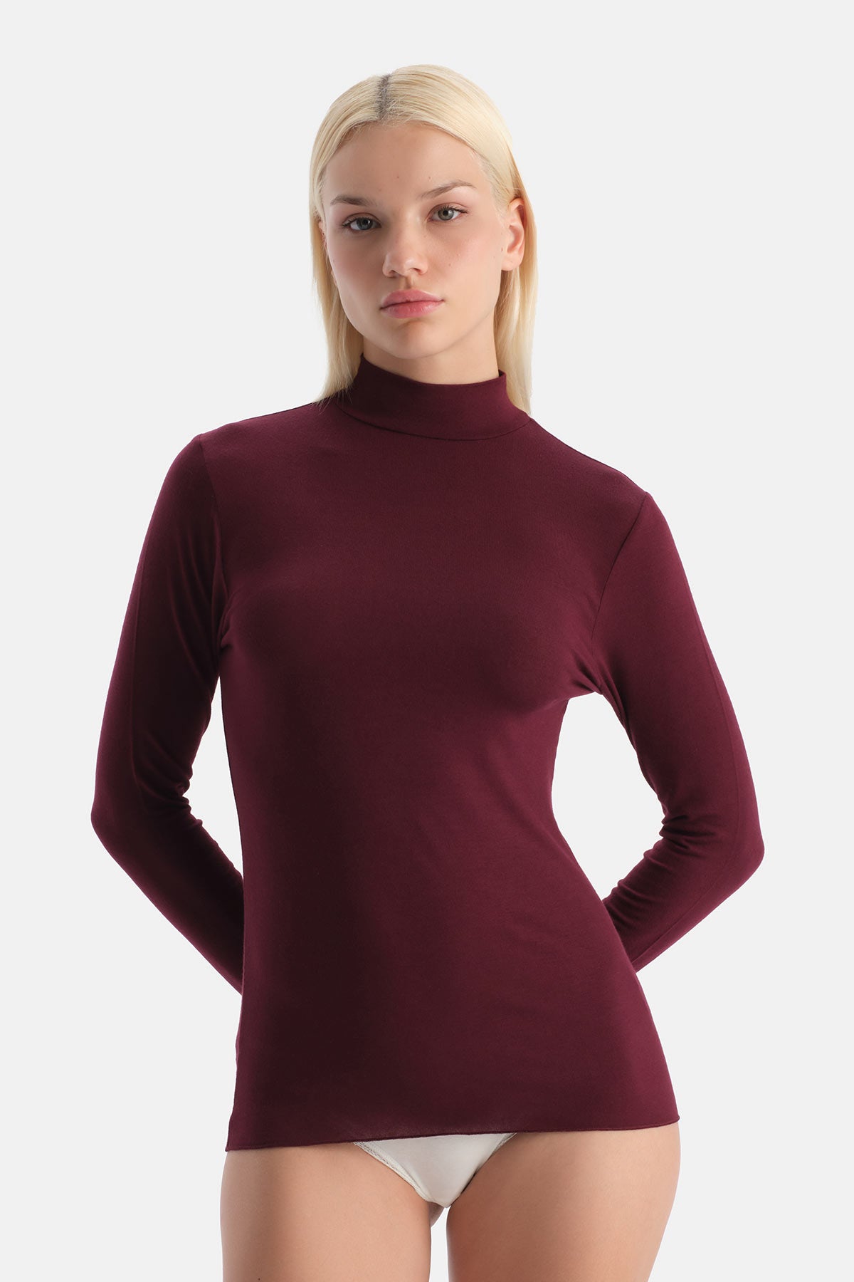 Bordo Modal Kaşmir Balıkçı Yaka Uzun Kollu Üst