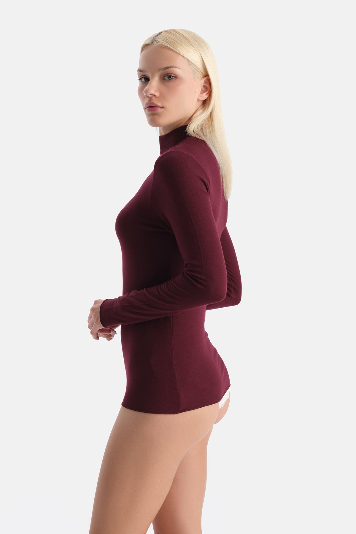 Bordo Modal Kaşmir Balıkçı Yaka Uzun Kollu Üst