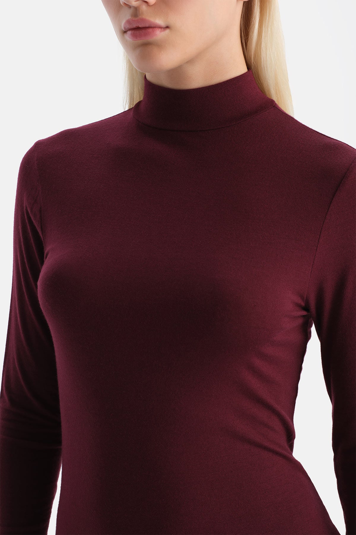 Bordo Modal Kaşmir Balıkçı Yaka Uzun Kollu Üst