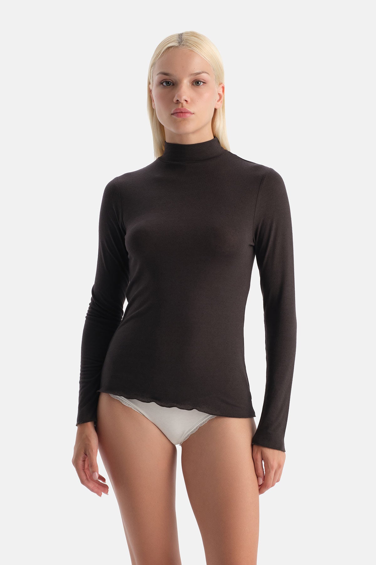 Koyu Kahve Modal Kaşmir Balıkçı Yaka Uzun Kollu Üst