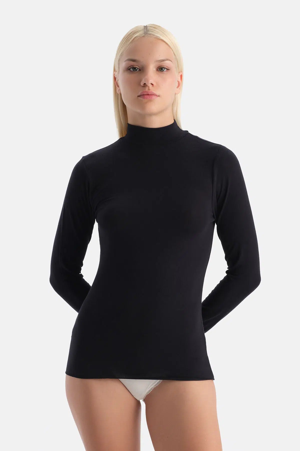 Siyah Modal Kaşmir Balıkçı Yaka Uzun Kollu Üst