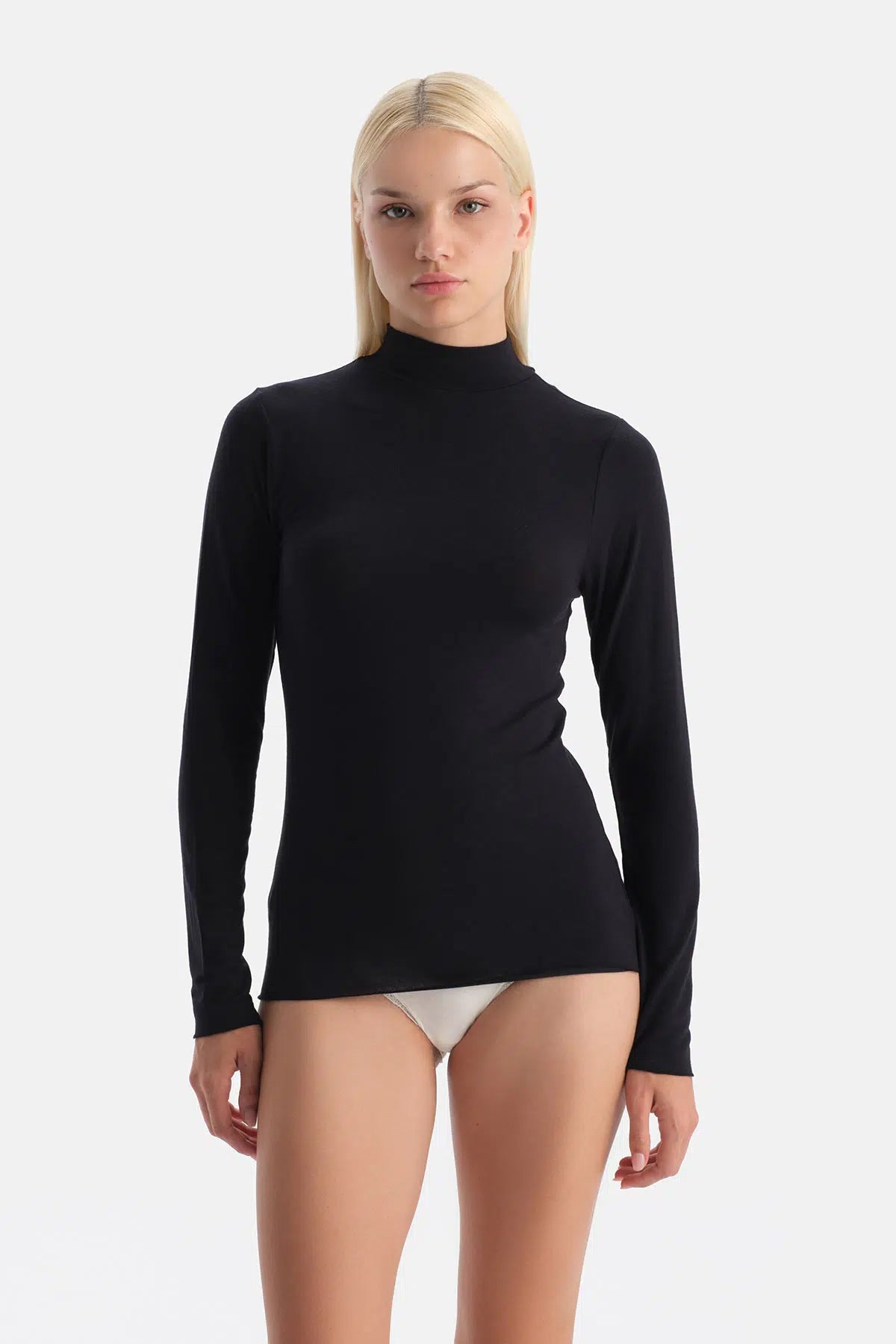 Siyah Modal Kaşmir Balıkçı Yaka Uzun Kollu Üst