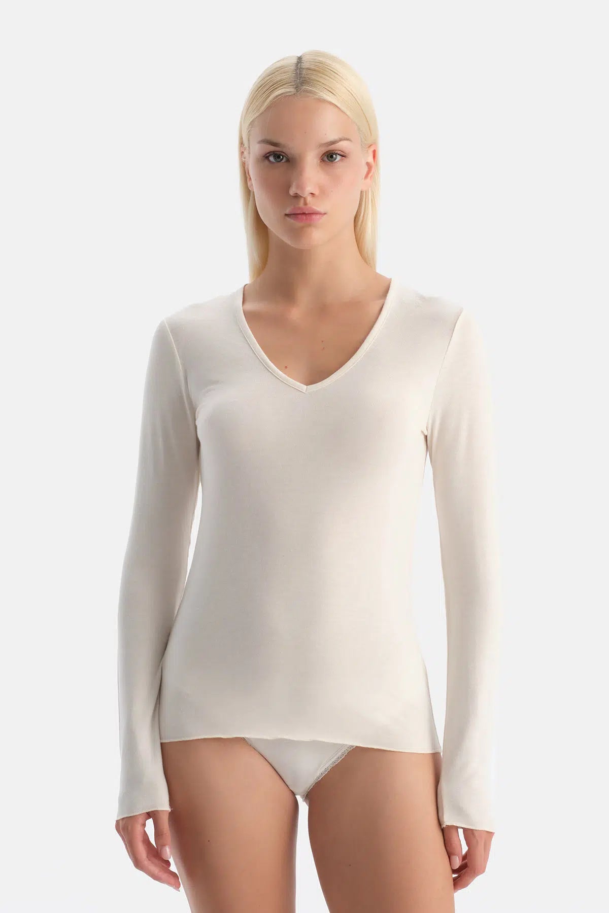 Ekru Modal Kaşmir V Yaka Uzun Kollu Üst