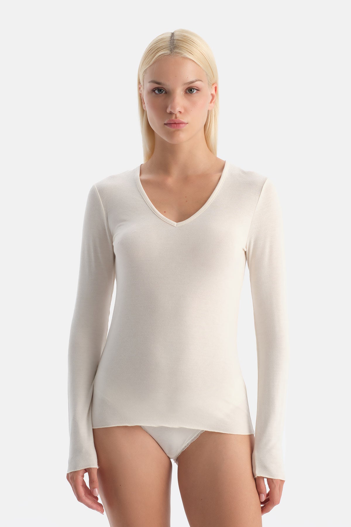 Ekru Modal Kaşmir V Yaka Uzun Kollu Üst