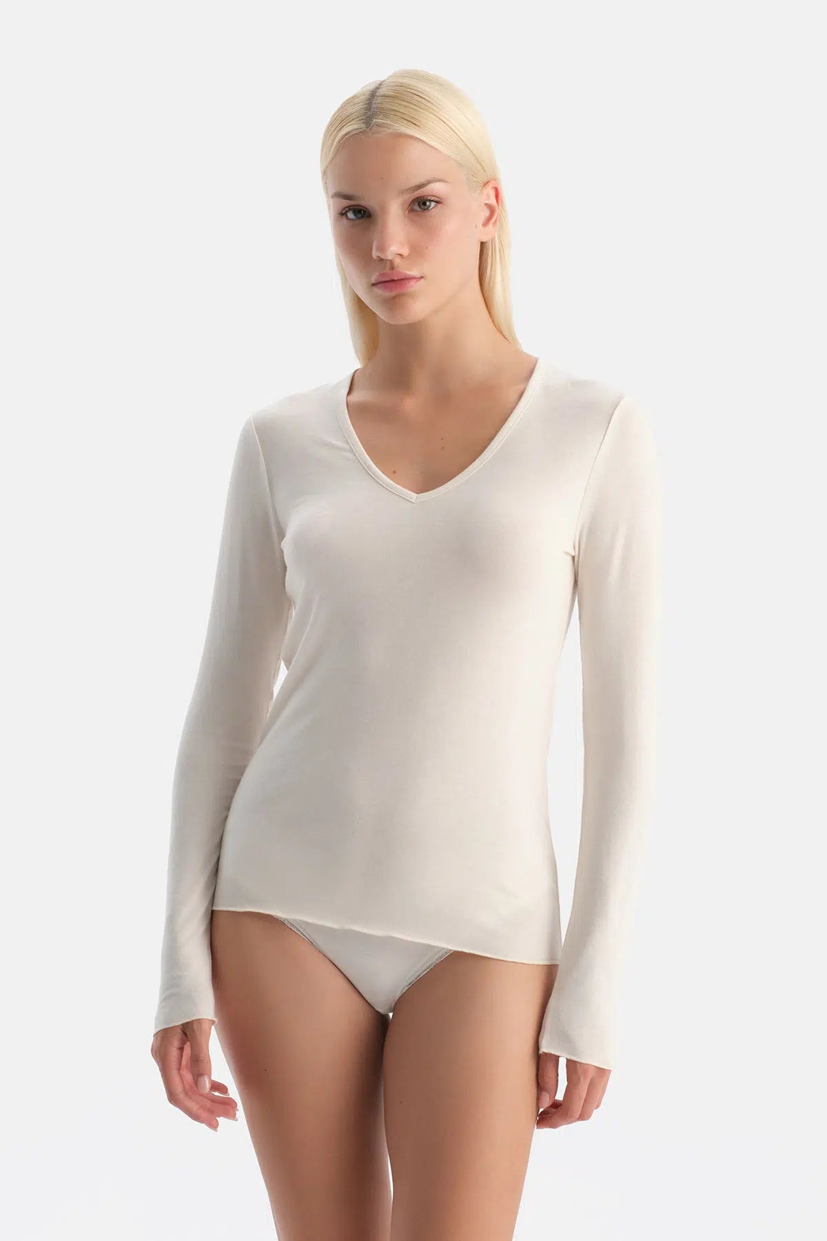 Ekru Modal Kaşmir V Yaka Uzun Kollu Üst