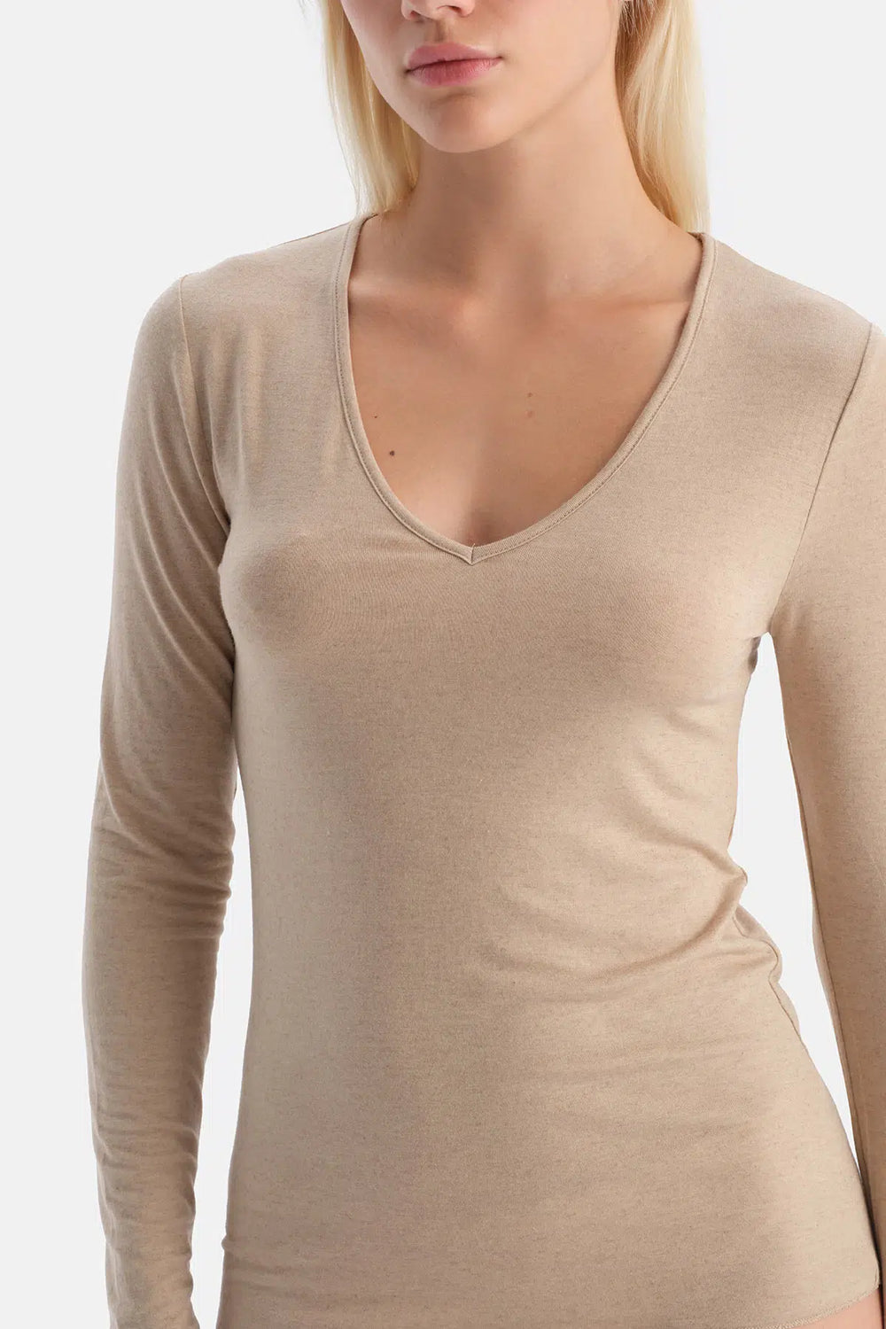 Sütlü Kahve Modal Kaşmir V Yaka Uzun Kollu Üst